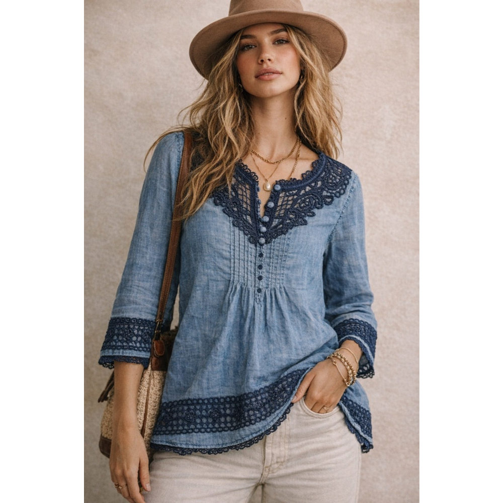 Holding Horses Chambray Lace Top Size 10 Anthropologie Boho Tunic Blue